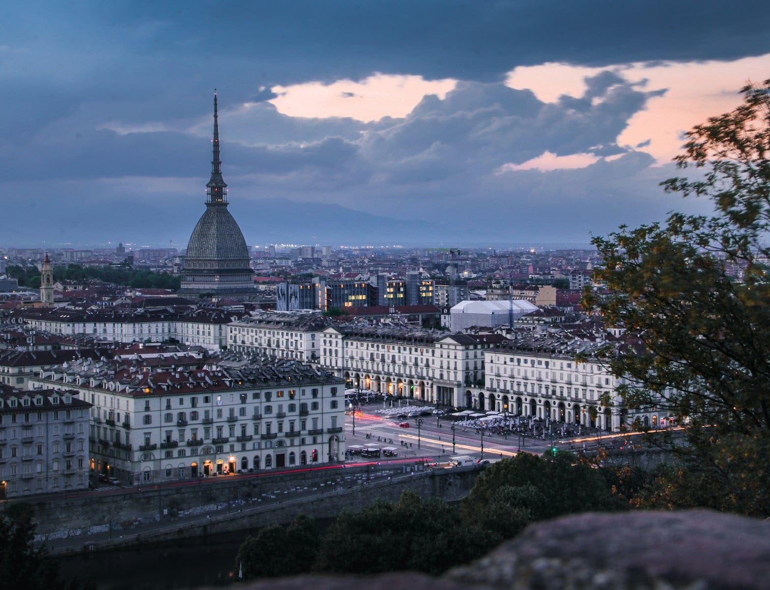 a city with a tower in the distance