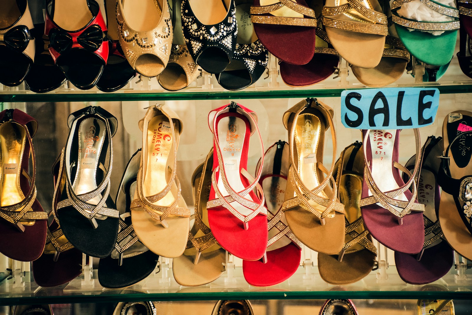 assorted sandals on display